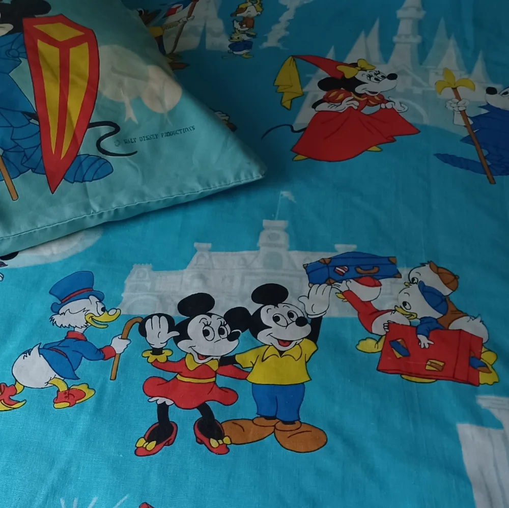 Vintage 70s Walt Disney Frontierland Donald duck Mickey pillowcase & bedspread